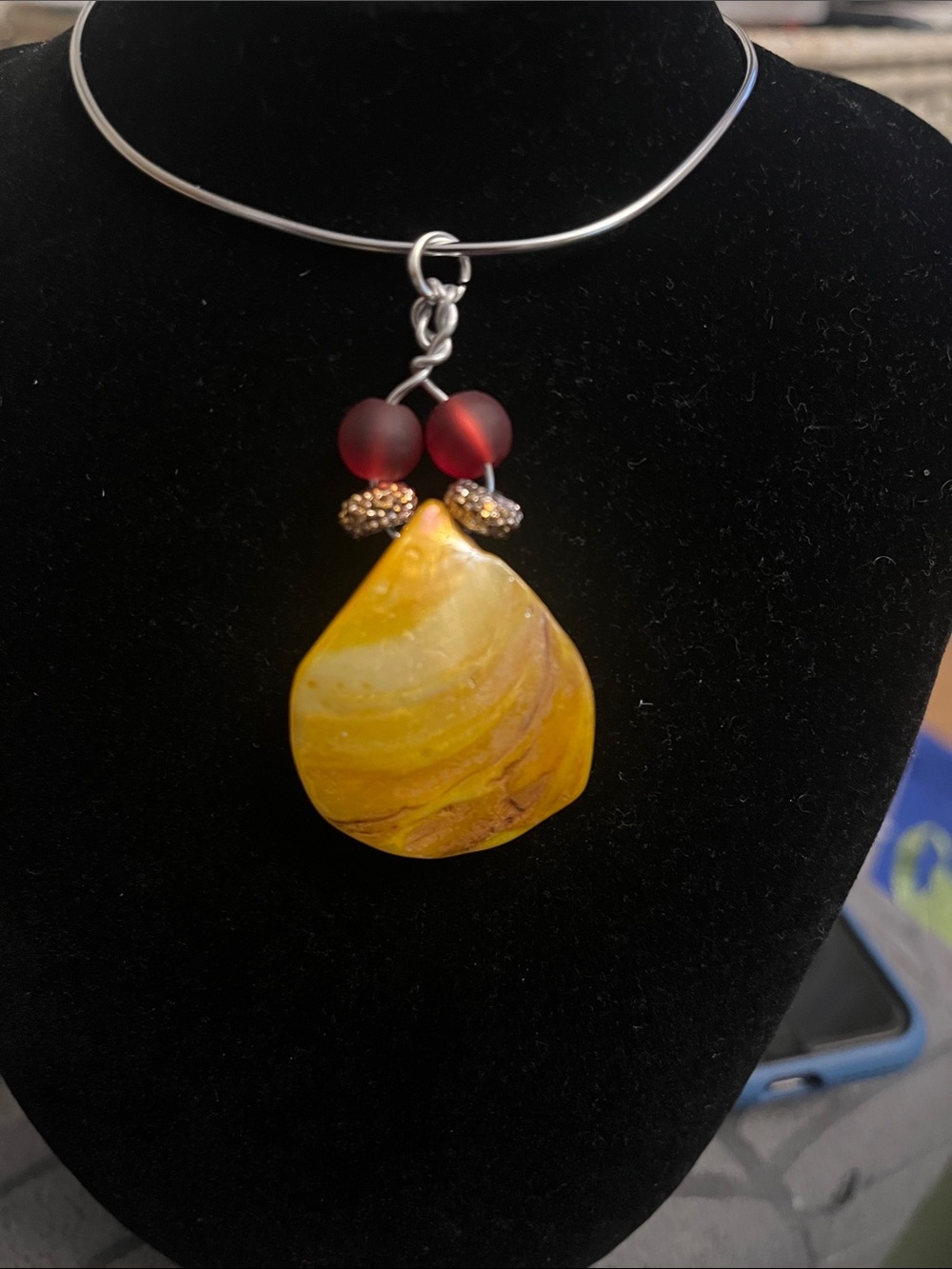 Yellow Mother of Pearl shell Pendant Necklace with Red Accent Beads on 18” SS